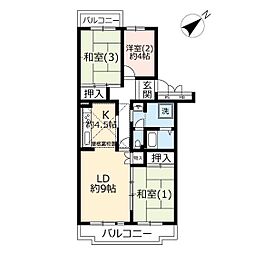 UR都市機構かわつるグリーンタウン松ケ丘1号棟 3LDKの間取図画像
