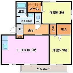 アーナリー2番館 2階2LDKの間取り