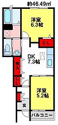 セレノ新町 1階2DKの間取り