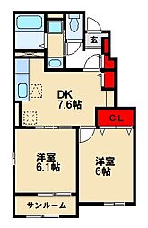 フェリーチェ三本松南 2DKの間取図画像