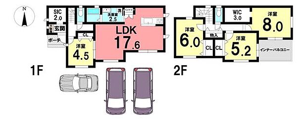 4LDKでリビングは17.6帖！車3台駐車可能♪