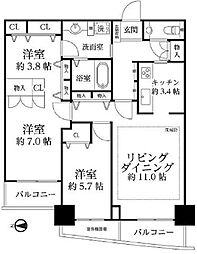 河田町ガーデン1号棟 2SLDKの間取図画像