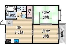 二階堂ハイツA棟 2DKの間取図画像