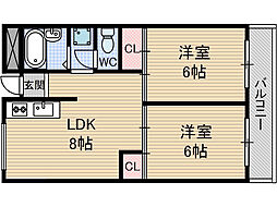 ローズハイツ茨木 2DKの間取図画像