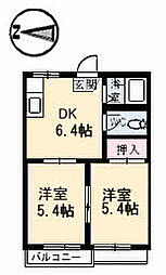 ヘイゼルハイツ B 1階2DKの間取り