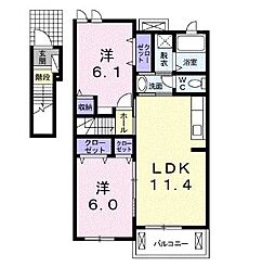 シャン・ヴェールI番館 2階2LDKの間取り