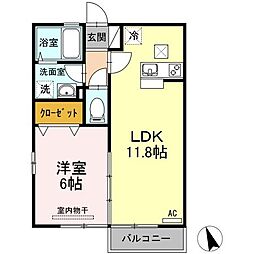 リビングタウン伏石II　A 1階1LDKの間取り