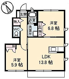 ブランシェーＭ　Ｂ棟 1階2LDKの間取り