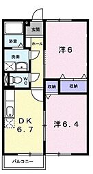 ハーモニーハイツカスミ　Ａ 1階2DKの間取り