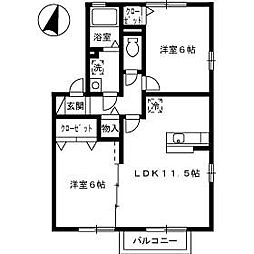 セジュール三条　A棟 2階2LDKの間取り