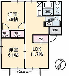 グレースフジ　B棟 2階2LDKの間取り