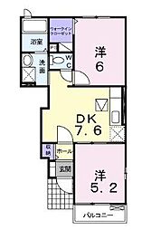 ニューエレガント藤A 1階2DKの間取り