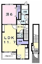 クラール木太Ｂ 2階1LDKの間取り