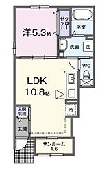 ラ・ルミエール土器西III 1階1LDKの間取り
