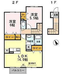 フラワーズメゾン 2階2LDKの間取り