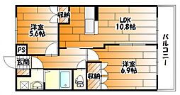 JR可部線 下祇園駅 徒歩19分の賃貸マンション 2階2LDKの間取り