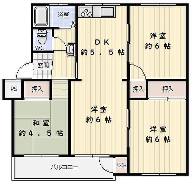 神陵台東住宅48号棟(4DK) 3階の間取り