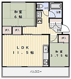 新多聞第2住宅104号棟 2LDKの間取図画像