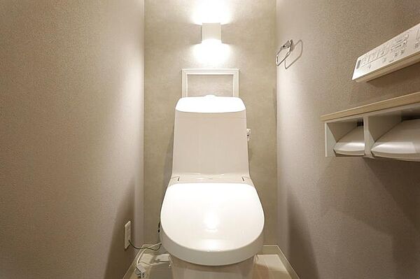 落ち着いたカラーの壁紙のトイレです