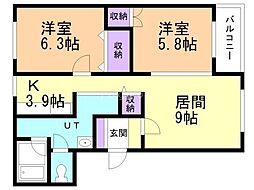 医大前北幸ハイツ 2LDKの間取図画像