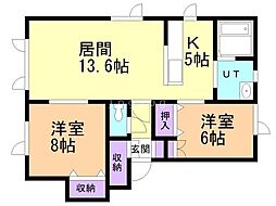 絆ハイツB 2LDKの間取図画像