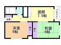 北都ハイツ 2LDKの間取図画像