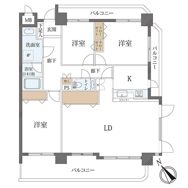 3LDK、価格4880万円、専有面積92.97m2、バルコニー面積25.91m2