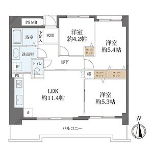 間取り:全居室収納付きの3LDKプラン。約11.4帖のLDKは開放感があり、ご家族での団らんの時間にゆとりをもたらします。南向きバルコニーで採光も良好です。 間取り:全居室収納付きの3LDKプラン。約11.4帖のLDKは開放感があり、ご家族での団らんの時間にゆとりをもたらします。南向きバルコニーで採光も良好です。