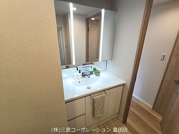 明るい照明で顔色がよく見える洗面台。収納も備わり、化粧品や洗面用具もすっきりと整理できます。