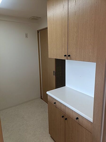 カウンター窓でリビングと繋がりつつも、生活感が出やすいスペースを隠してくれる独立したキッチン空間です。　背面は洗面室とつながっているので、家事動線が便利です。