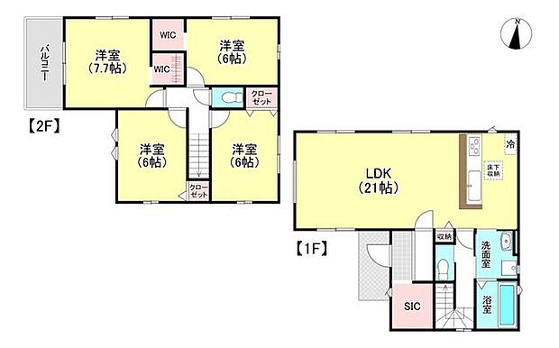 2階に4部屋でプライベート空間確保♪21帖の広いＬＤＫはご家族が自然と集う空間♪玄関まわりがすっきり片付くＳＩＣ付き♪2階へはリビングを必ず通るのでお子様とコミュニケーションがとりやすいです♪