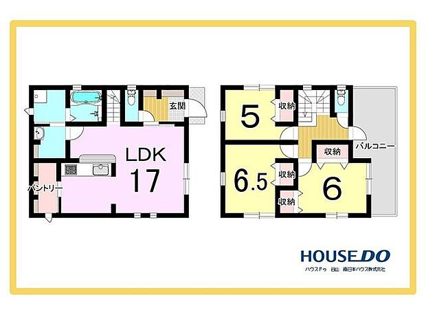 17帖のゆとりあるLDKを中心とした3LDK。キッチン横にはパントリーを備え、2階にも各所に収納スペースを確保。居住空間をすっきり使いやすい間取りです。