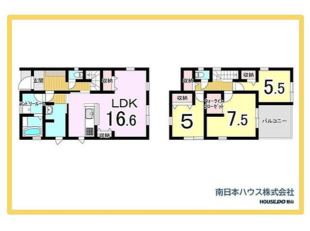 16.6帖のLDKを中心に、ランドリールームやウォークインクローゼットを備えた3LDK。収納豊富で、家事動線にも配慮された暮らしやすい間取りです。