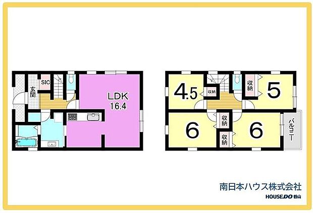 16.4帖のLDKを中心に、2階は4部屋を備えた4LDK。SICや各居室収納など収納スペースも充実し、家族それぞれの空間を確保しやすい間取りです。