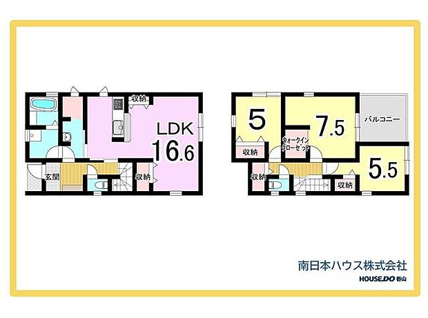 16.6帖のLDKを中心に、2階にはウォークインクローゼット付きの7.5帖洋室を配置。各所に収納を備え、居住空間をすっきり使いやすい3LDKの間取りです。