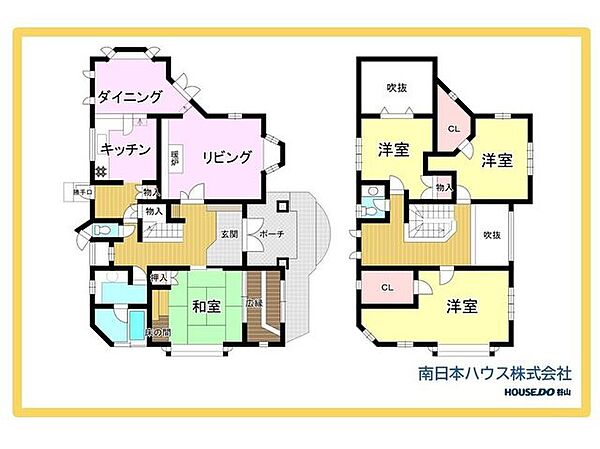1階にLDKと和室、2階に洋室3室を配置した4LDK。吹抜けや各所の収納も備えた住まいです。