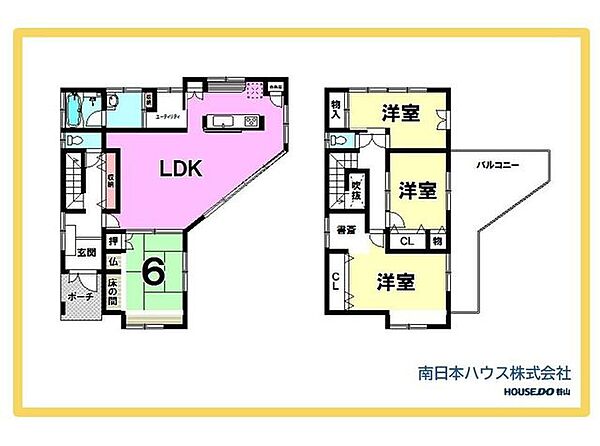 1階は広々としたLDKと6帖の和室を配置。水回りをまとめた家事動線にも配慮された間取りです。2階には洋室3部屋とバルコニーを備えています。
