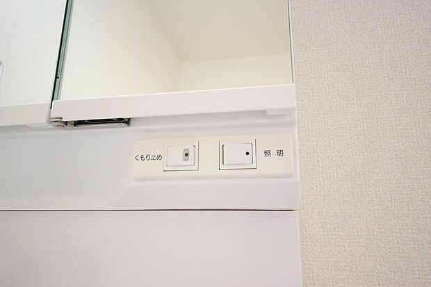 洗面台には、照明　コンセント　くもり止めの３点が標準装備されております。