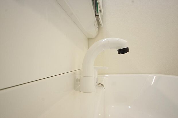 洗面台の給水口はホースが伸びるので朝シャン出来ます。シングルレバーでお湯の温度も楽々調整出来ます。