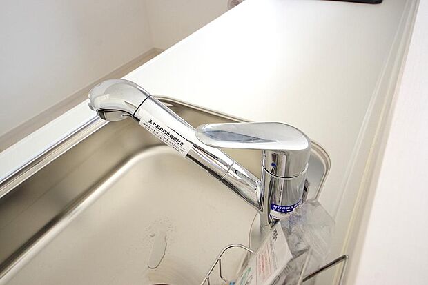 キッチンの水栓はホースが伸びますので、大きな鍋も楽に洗う事が出来ます。浄水器もビルトインです。