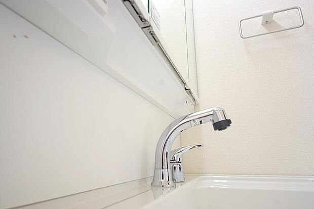 洗面台の給水口はホースが伸びるので朝シャン出来ます。シングルレバーでお湯の温度も楽々調整出来ます。