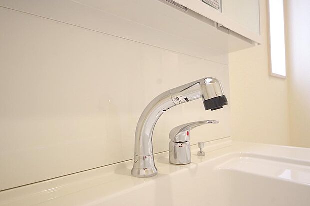 洗面台の給水口はホースが伸びるので朝シャン出来ます。シングルレバーでお湯の温度も楽々調整出来ます。