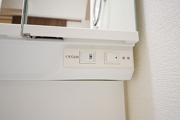 洗面台には、照明　コンセント　くもり止めの３点が標準装備されております。