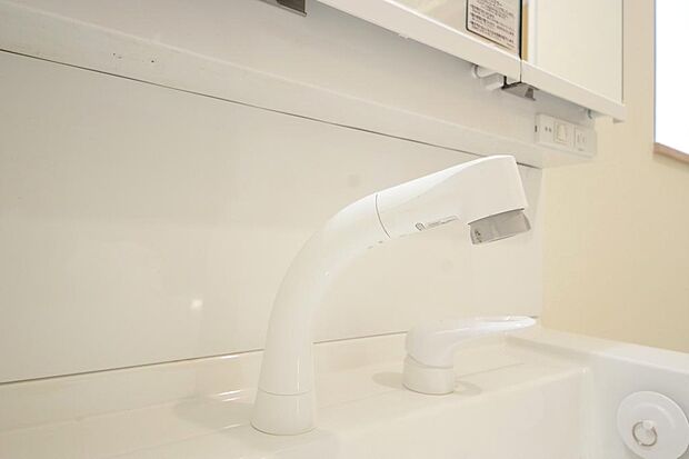 洗面台の給水口はホースが伸びるので朝シャン出来ます。シングルレバーでお湯の温度も楽々調整出来ます。