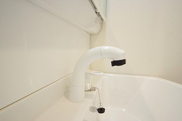 洗面台の給水口はホースが伸びるので朝シャン出来ます。シングルレバーでお湯の温度も楽々調整出来ます。