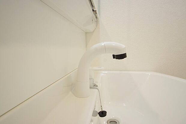 洗面台の給水口はホースが伸びるので朝シャン出来ます。シングルレバーでお湯の温度も楽々調整出来ます。