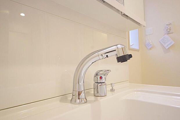 洗面台の給水口はホースが伸びるので朝シャン出来ます。シングルレバーでお湯の温度も楽々調整出来ます。