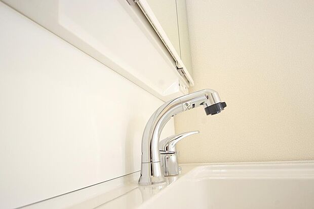 洗面台の給水口はホースが伸びるので朝シャン出来ます。シングルレバーでお湯の温度も楽々調整出来ます。