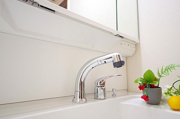 洗面台の給水口はホースが伸びるので朝シャン出来ます。シングルレバーでお湯の温度も楽々調整出来ます。