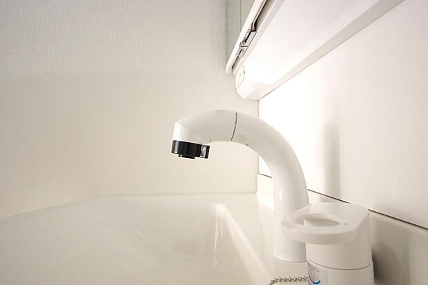 洗面台の給水口はホースが伸びるので朝シャン出来ます。シングルレバーでお湯の温度も楽々調整出来ます。